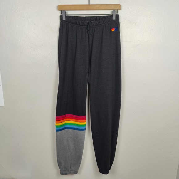 Aviator Nation Sweatpants Womens Medium Charcoal Gray Rainbow Stripe Jogger - Picture 2 of 10